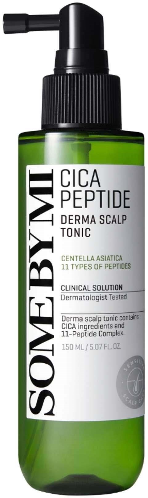 Grön flaska med hårbottenvårdsspray, vit och svart etikett, märkt som SOAEXBYMI CICA PEPTIDE DERMA SCALP TONIC.