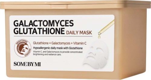 En beige beholder med SOME BY MI Galactomyces Glutathione Daily Mask, hvit etikett med svart og rødt skrift.