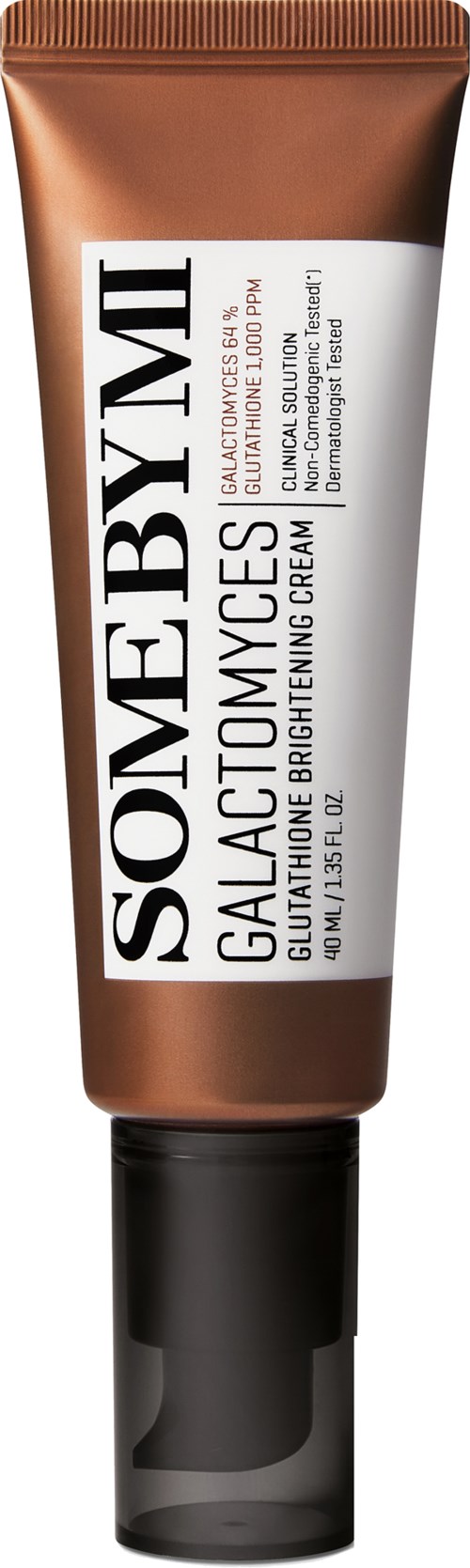 A tube of brightening cream with white, brown, and black packaging labeled "SOME BY MI GALACTOMYCES."