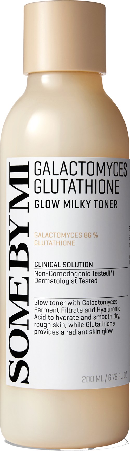 A beige bottle with a white label, name and details of a glow toner containing galactomyces and glutathione.