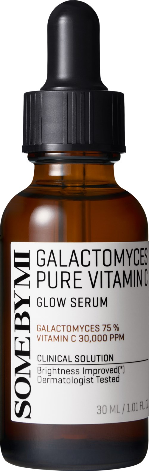 A small brown bottle with a black dropper cap holding glow serum with vitamin C and galactomyces.