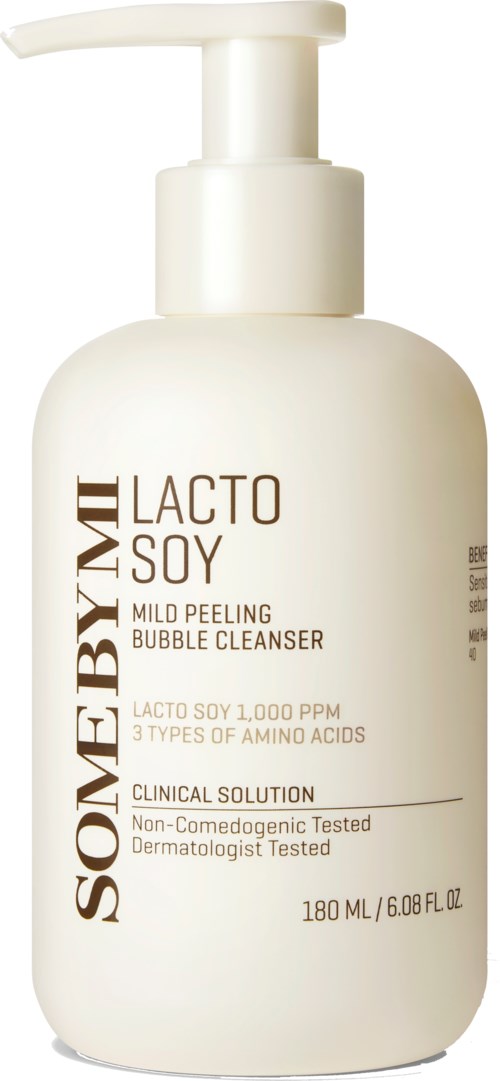 Flaska med mild peelandebubbelrengöring med pump, märkt som innehållande soja, aminosyror och klinisk testning.