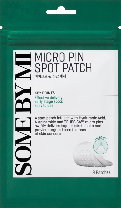 Package of micro pin spot patches with 9 patches, containing ingredients like Hyaluronic Acid and Nicinamide.