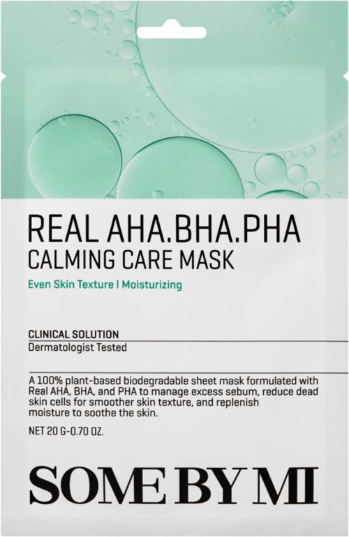 Lugnande arkmask kallad REAL AHA.BHA.PHA från SOME BY MI, främjar jämn hud och fukt, med gröna bubblor i bakgrunden.