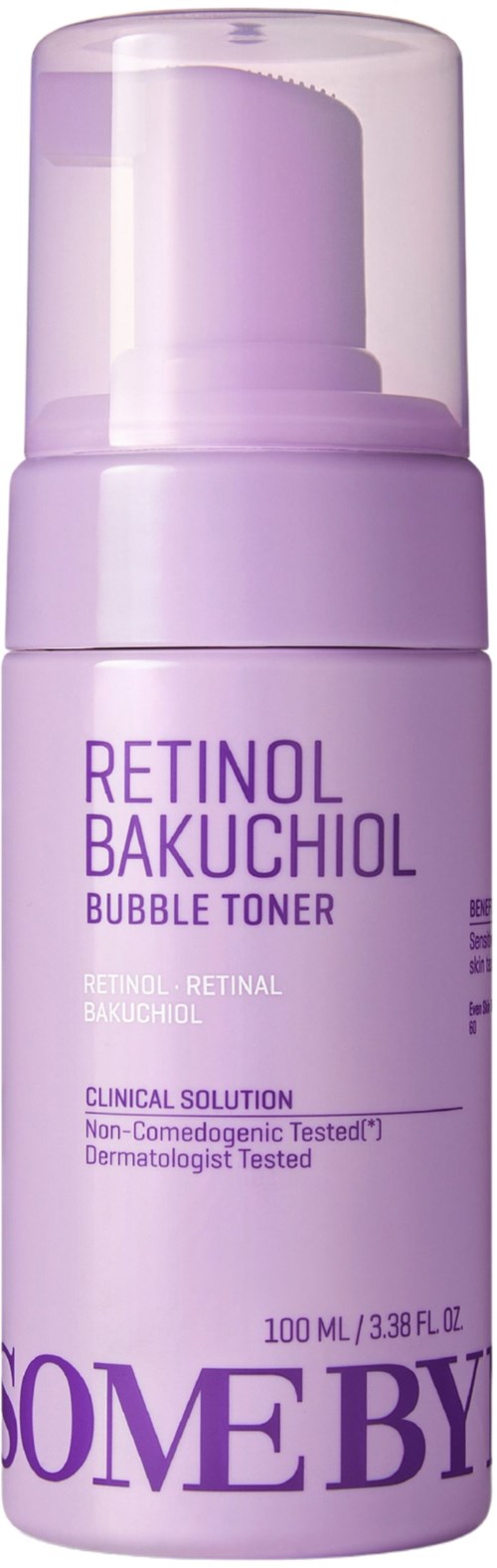 Violetti pullo Retinol Bakuchiol Bubble Toner -tuotteesta, jossa on selkeä pumppu ja teksti.