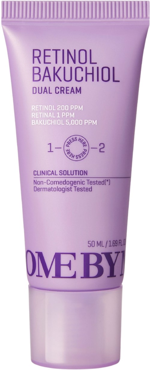 Laventelinvärinen voidekapseli, nimeltä Retinol Bakuchiol Dual Cream, sisältää aineosia ja testitietoja.