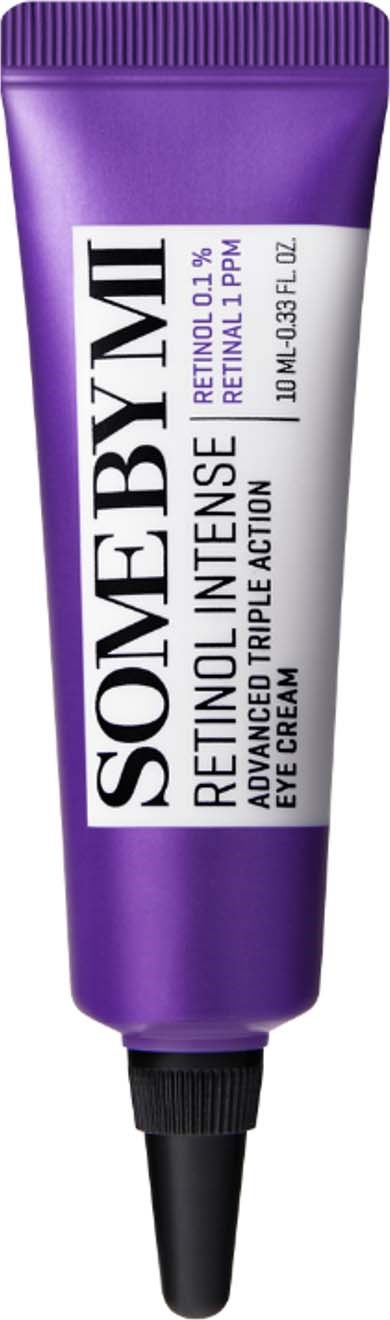 Purple tube of retinol eye cream with black applicator tip and white label.