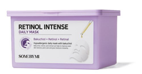 Purple container with a face mask label, mentioning retinol, Bakuchiol, and daily use for skin care.