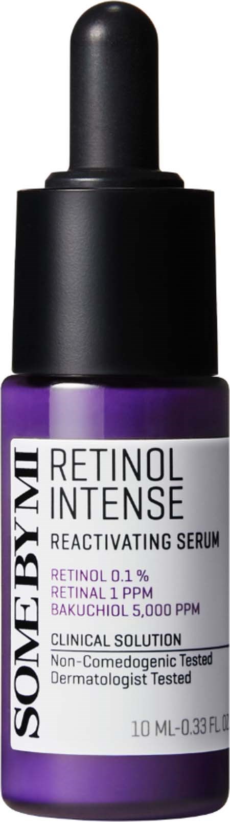 A purple bottle of retinol serum with a black dropper cap, labeled Someby Mli Retinol Intense.