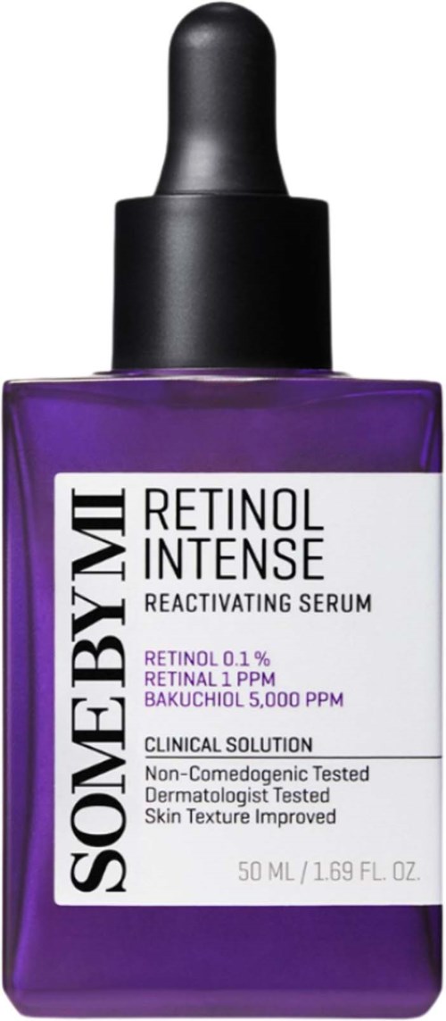Violetti lasipullo seerumille ja mustalla tiputulpalla, merkintä Someday Retinol Intense Rejuvenating Serum.