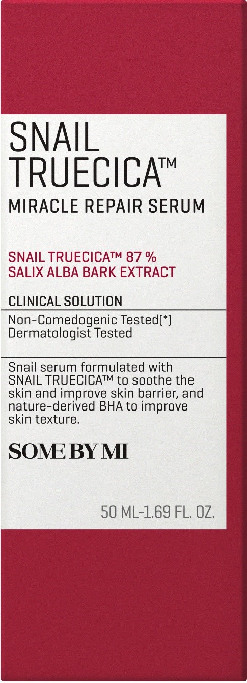 A skincare serum box labeled Snail Truecica, featuring product details and benefits for skin repair.