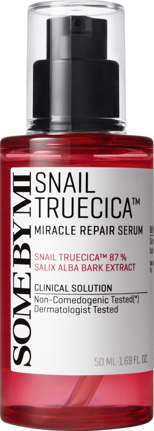 The bottle contains a red serum called Snail Truecica Miracle Repair Serum for skin care.