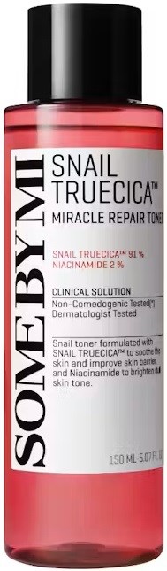 A pink and black bottle of skincare toner labeled 'SOME BY MI SNail Truecica Miracle Repair Toner' with text describing its benefits.