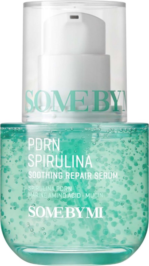 Tea-green gel with tiny bubbles, labeled as a soothing repair serum from Some By Mi.