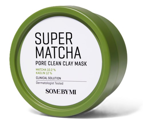 Okrągłe zielone opakowanie z etykietą 'Super Matcha Pore Clean Clay Mask' i szczegółami produktu.