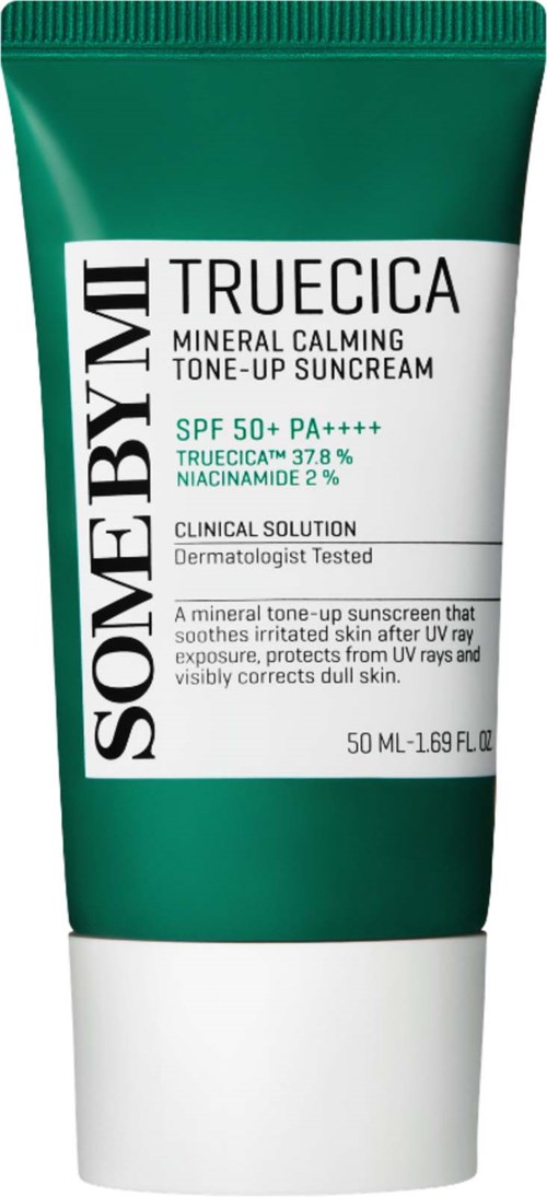 Green and white tube of Truecica Mineral Calming Tone-Up Sunscreen with SPF 50+ and PA++++, lightweight and suitable for sensitive skin.
