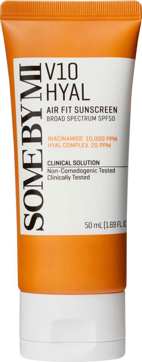 Orange and white tube of sunscreen with black and orange text, labeled as SOMEBYMI V10 HYAL with SPF50.