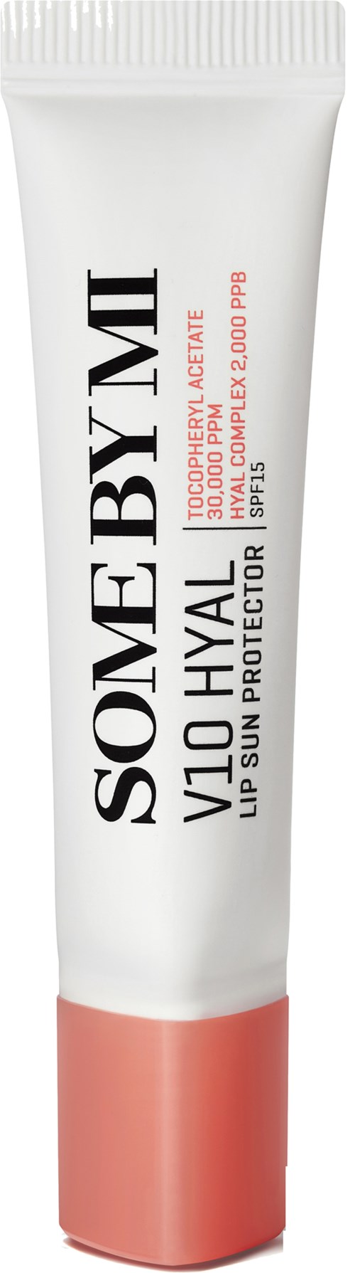 Biała tubka z koralowym korkiem, oznaczona 'SOME BY MI V10 HYAL'. To produkt do pielęgnacji skóry z filtrem UV.