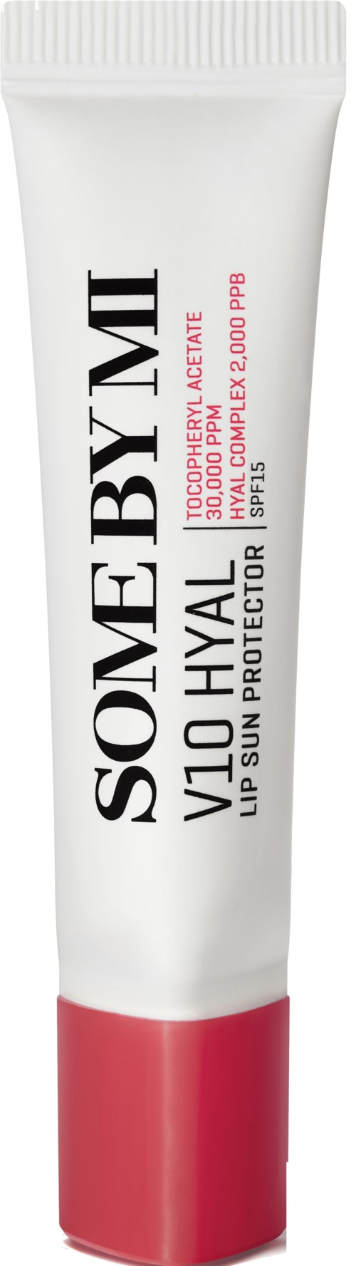 En hvit tube med svart og rød tekst, etikett som viser SPF 50 PA+++ og UV-beskyttelse, sannsynligvis solkrem.