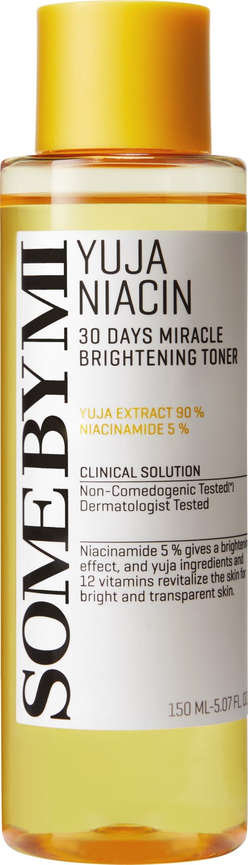 Huidverzorgingsfles met label SO ME BY ML voor opheldering, 150 ml, gele dop, witte label.