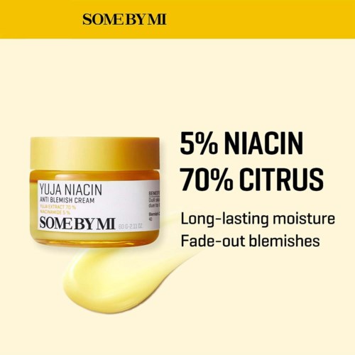 A yellow jar of skincare cream named "Some By Mi" with text about ingredients and benefits.