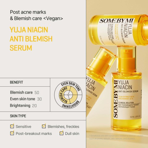 Vegan serum for acne and blemish care in yellow bottles, plus benefits for sensitive and dull skin types.