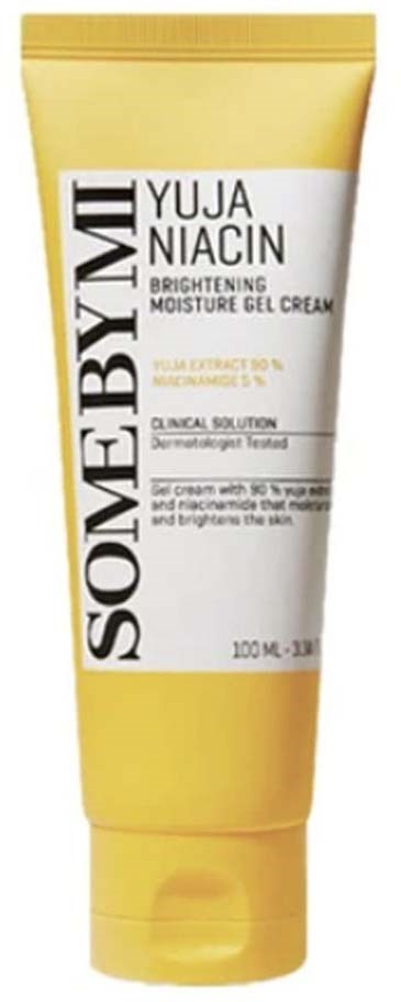 A yellow tube of skin cream named 'SOME BY MI' with ingredients like Yuja and Niacin for brightening and moisture.