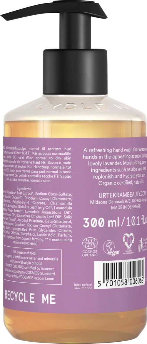 Een lotionfles met zwarte pomp en paarse label, bevat handzeep of moisturizer, 300 ml.