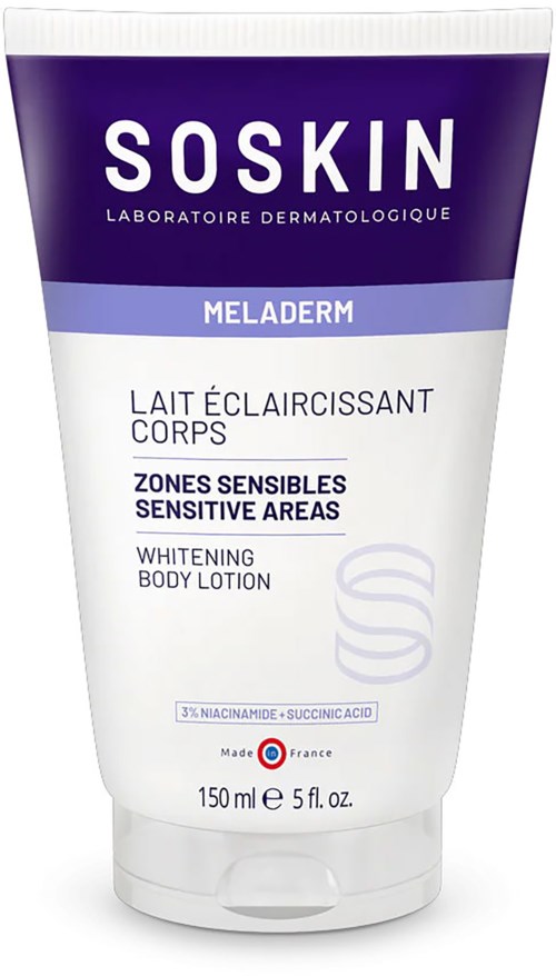 A white and purple lotion tube for sensitive skin, made in France, with 150 ml volume, from Soskin.