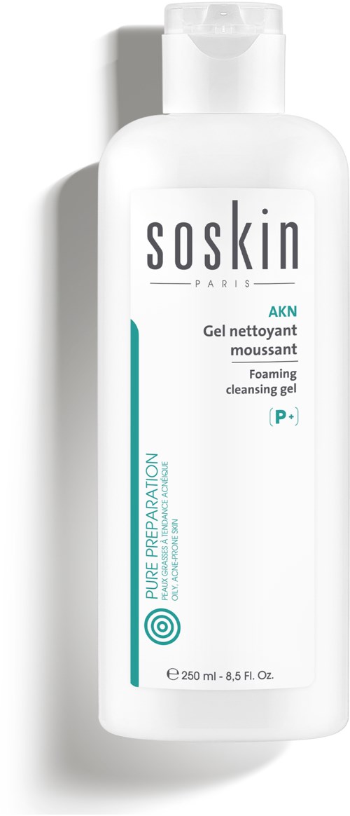 A white bottle with gray and teal text, labeled as foaming cleansing gel by Soskin Paris.
