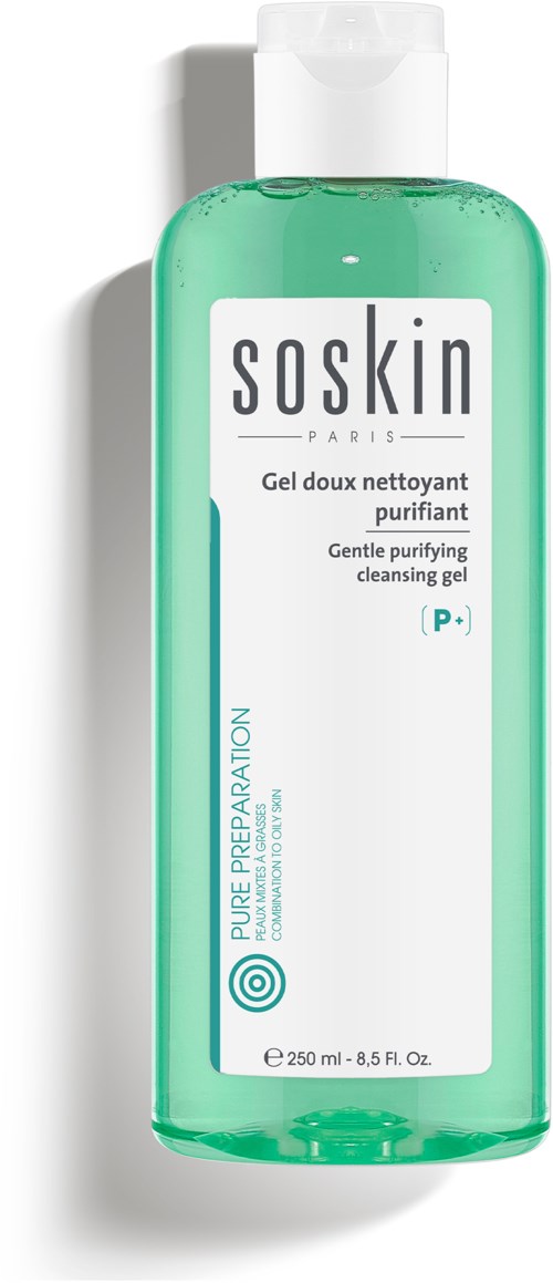 Green bottle of cleansing gel with white label, black text, and blue accents. It says Soskin, purifying, and gentle cleansing.