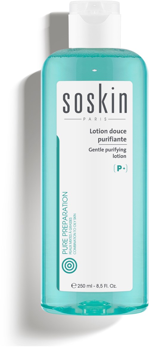 A clear blue cleansing lotion bottle with white label and black text, indicating it is a gentle purifying product.