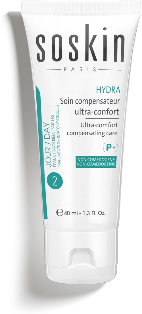 A white tube of Soskin Hydra cream with blue and black text, indicating it's for daily use and very comfortable.