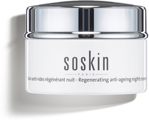 A white jar with a silver lid, labeled "soskin," is a regenerating anti-ageing night cream from Paris.