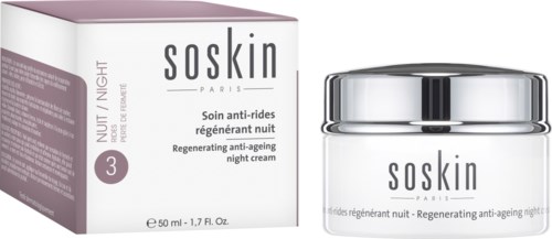 A night cream by Soskin Paris in a silver jar and box with black and white text.
