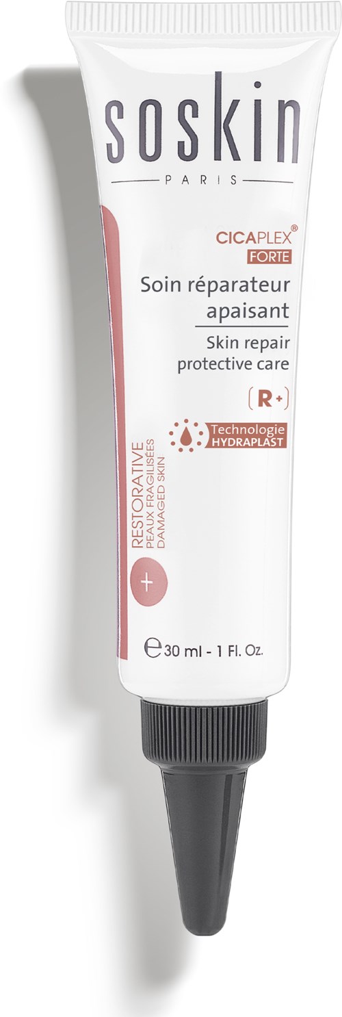 A white tube of skin repair cream with black cap, labeled 'soskin' and 'CICAPLEX'.