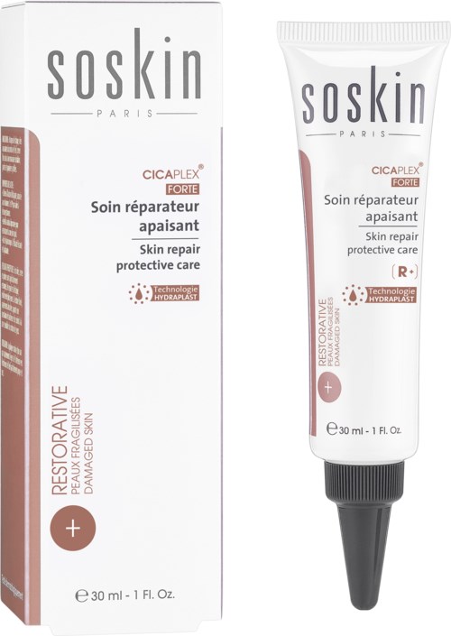 A tube and box of Soskin skin repair cream for sensitive, damaged skin. Labels emphasize calming and protective properties.