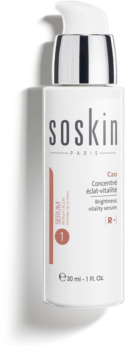 White bottle with a pump, label says Soskin Paris, brightening serum, 30 ml.