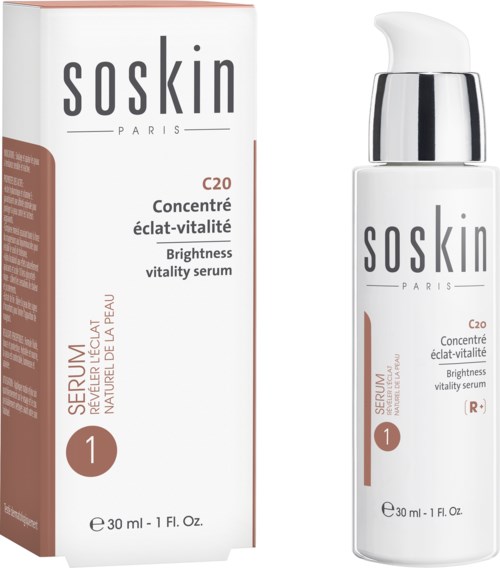 A serum bottle with pump next to a box, both labeled 'Soskin Paris' and 'Brightness vitality serum' for skin.