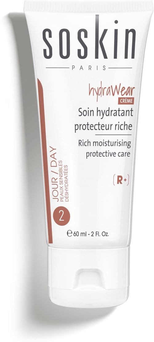 A white tube of SOSKIN HydraWear moisturizer with text and branding, showing it provides rich, protective skin care.