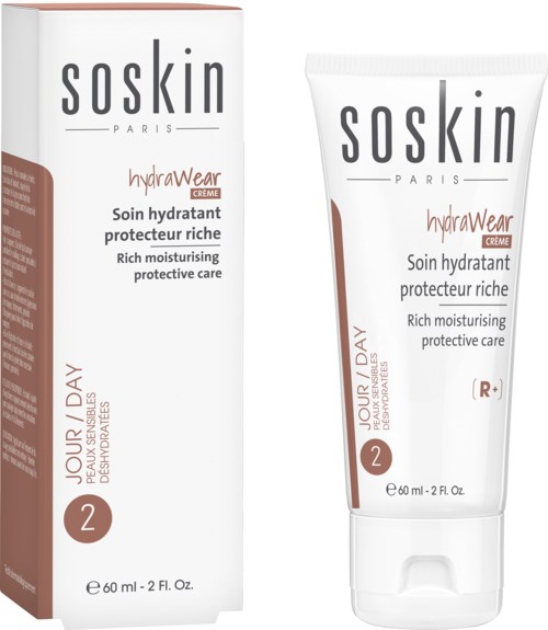 A box and tube of Soskin Paris HydraWear rich moisturizing cream for daily use, 60 ml, with simple text in English and French.