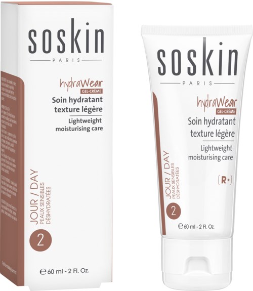 A skincare product in a tube and box, labeled 'soskin HydraWear gel-creme' for lightweight moisturizing, for daily use.