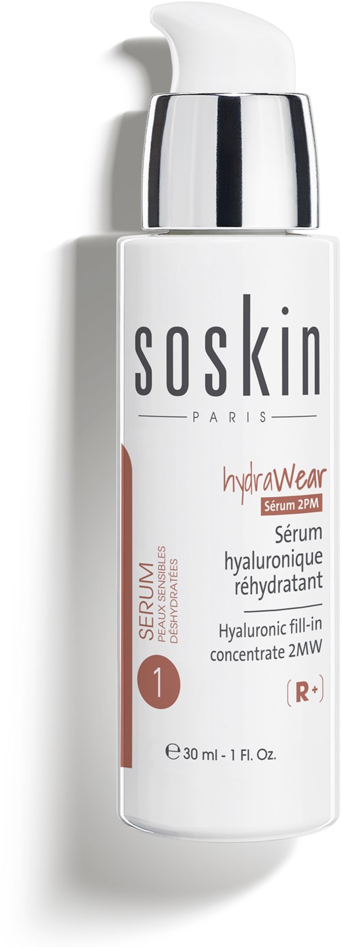 A white bottle with a pump, labeled Soskin Hyaluronic Serum for skin hydration.