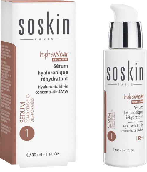 A skincare product with a white bottle and a box, labeled as hyaluronic serum for skin hydration.