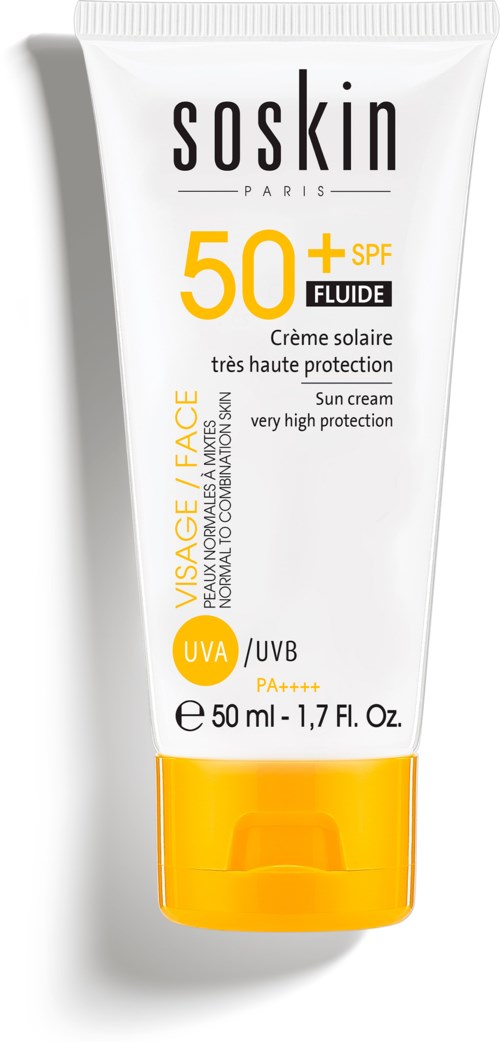 Sun protection cream with SPF 50, very high protection, for face, in a white and orange tube.
