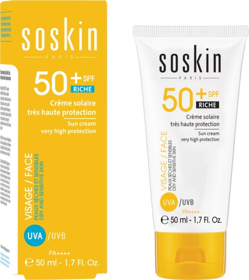 A sunscreen tube and box marked SPF 50+ with high protection for face, showing UVA/UVB protection and 50ml size.
