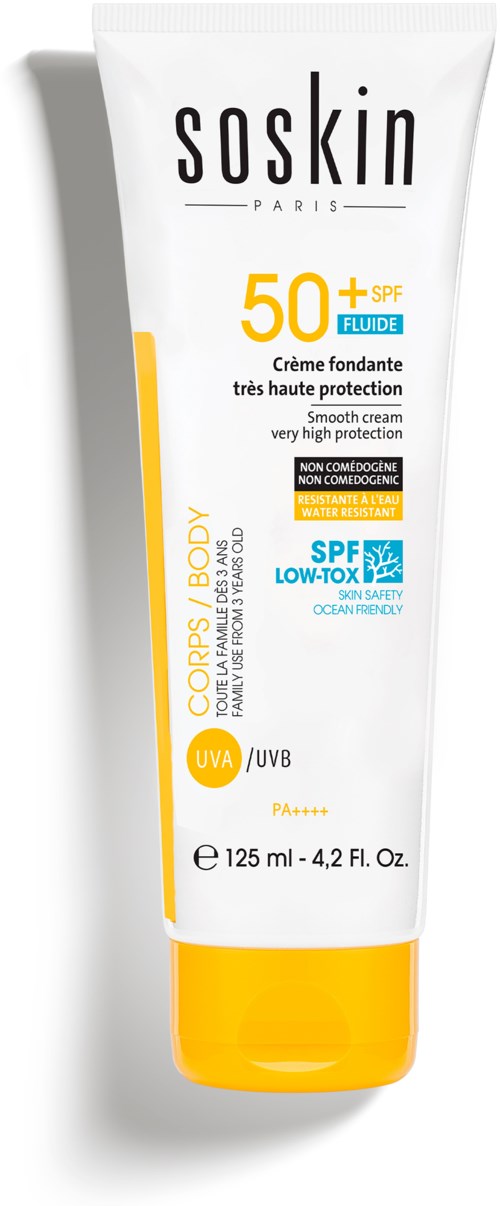 Sunblock cream tube with SPF 50+, labeled as for very high protection and non-comedogenic.
