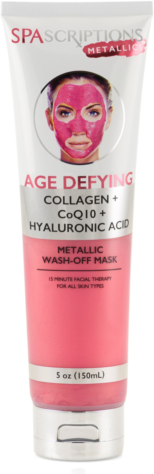 Een tube gezichtsmasker met roze en wit, met een vrouwelijk gezicht met een roze gezichtsmasker.