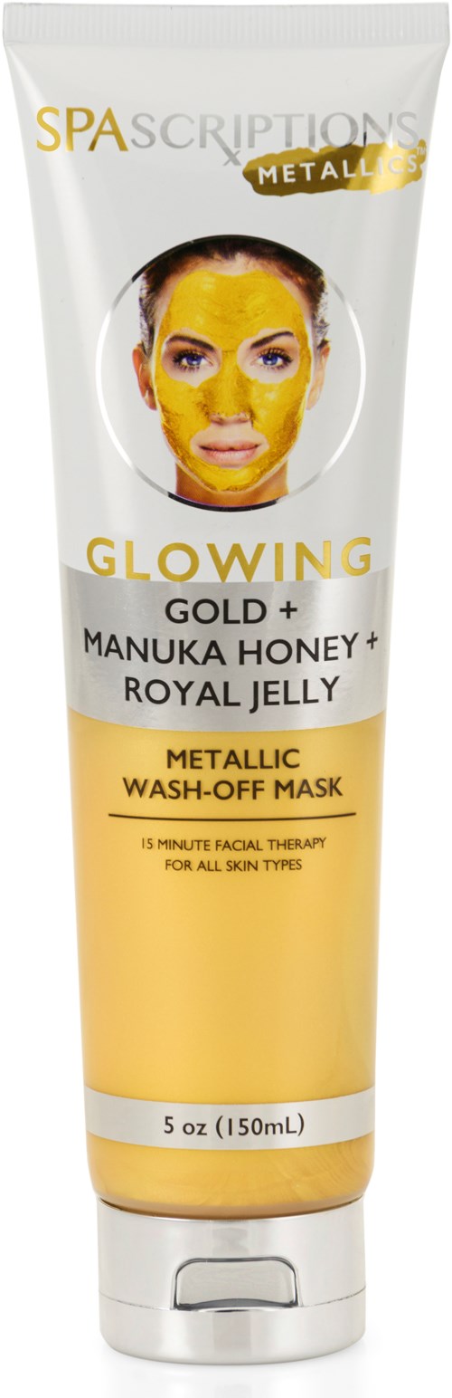 Een tube gezichtsmasker genaamd 'Glowing', met ingrediënten zoals Goud, Manuka Honing en Royal Jelly, geschikt voor alle huidtypes.