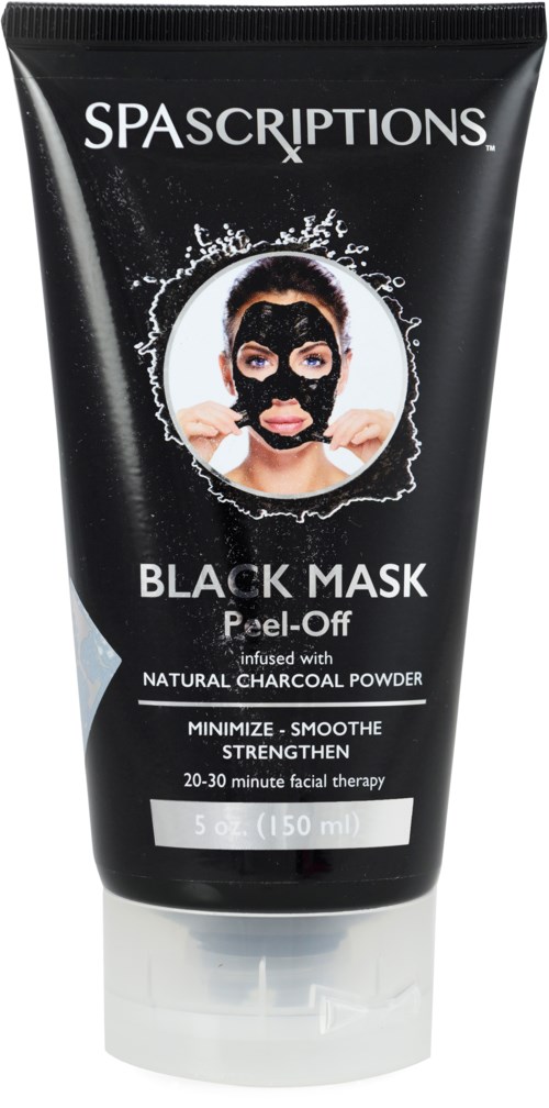 Een zwarte tube met een vrouw die een zwarte gezichtsmasker aanbrengt, gemarkeerd als SpaScriptions Black Mask Peel-Off. Het bevat houtskoolpoeder.